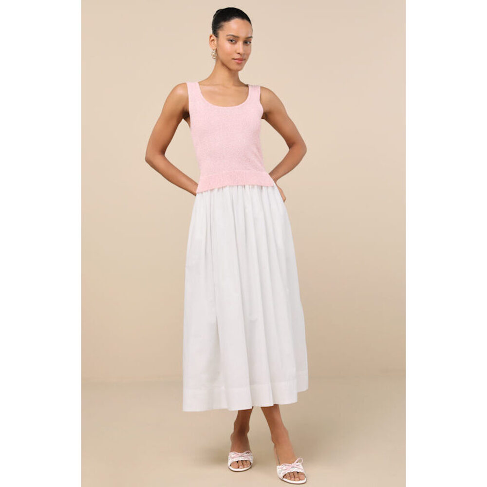 Lulus Celsa Pink And Ivory Mixed Media Sleeveless Midi Sweater Dress - Size S